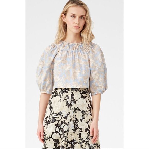 New Rebecca Taylor Blue Sky‎ Satin Leaf Floral Open Back Top Size 8 - Picture 7 of 12